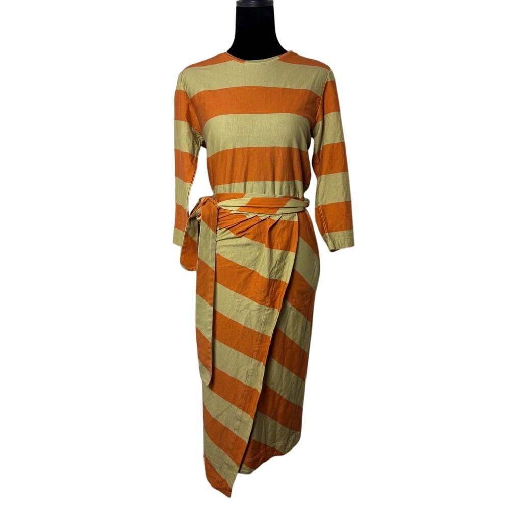 Animale Maxi Dress Womens Orange Tan Striped Wrap Tie Waist Cotton Brazil EX